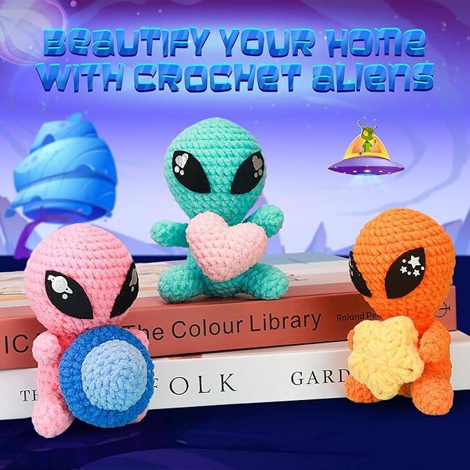 ekaus Crochet Kit for Beginners, Crochet Kit with Step-by-Step Video Tutorials, Crochet DIY Knitting Supplies for Adults Kids, Crochet Aliens(45%+ Yarn)