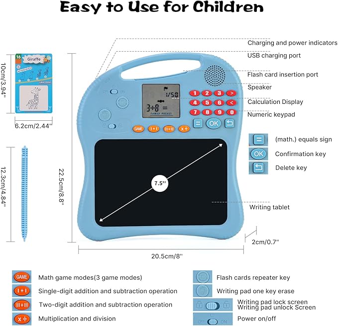Kids Educational Learning Toys with Math Games,Talking Flash Cards and Writing Drawing Tablet, Speech Therapy Autism Sensory Toys Gifts for Toddler Preschool Activities Boys Girls Ages 3-10 (Blue)