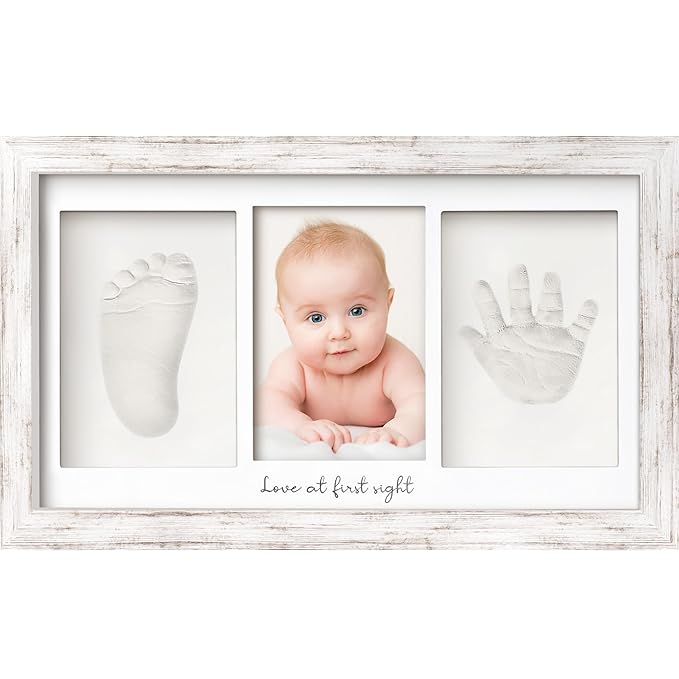 Baby Hand and Footprint Kit - Clay Handprint Keepsake Frame, Newborn Nursery Picture Frame, Personalized New Mom Gifts for Baby Shower & Registry (Vintage White)