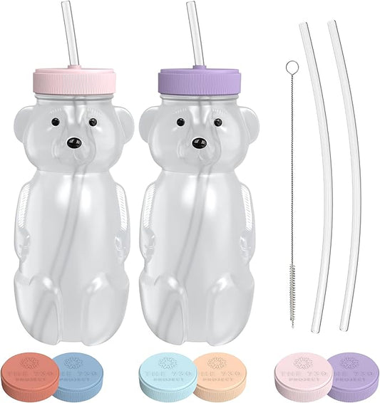 Honey Bear Straw Cup for Babies, Honey Bear Cups with Travel Lid, 2-Pack Therapy Learning HoneyBear Straw Sippy Cup for Toddlers, Cherry Blossom & Unicorn, 8 oz