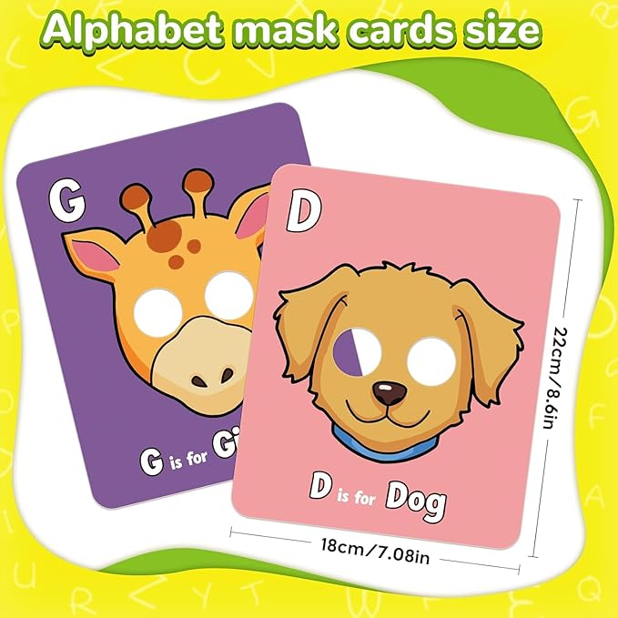 26 PCS Alphabet ABC Flash Cards with Animal Masks, Colorful Alphabet Mask Cards, Giant Letter ABC Animal Faces Flash Learning Flashcards, Interactive Education Games, Learn Letters