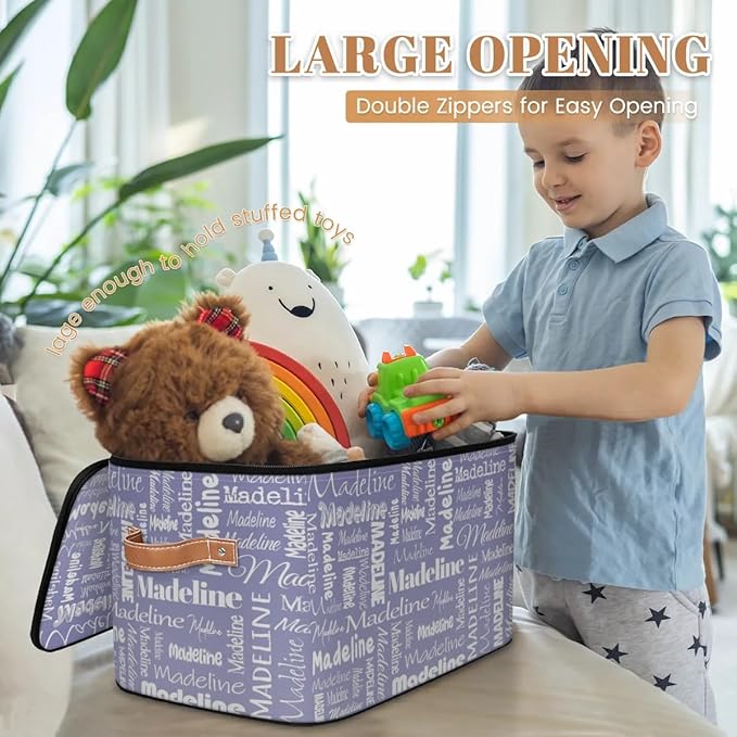 Custom Storage Basket with Name, Personalized Storage Bins with Zipper Lid, Foldable Fabric Storage Box Large capacity with Handle Haze Purple