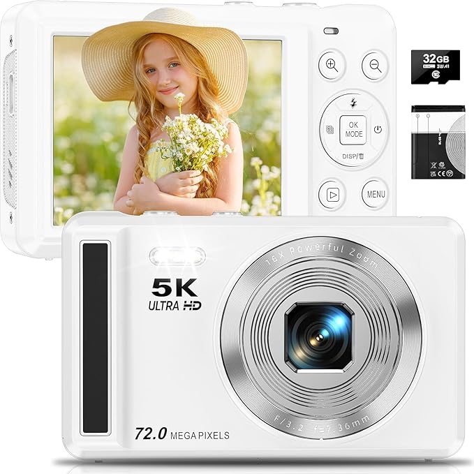 5K Digital Camera - 72MP UHD Digital Cameras for Photography - Autofocus Point and Shoot Small Camera with Flash for Kids - 2.8 Inch Screen Compact Portable Vlogging Camara with 16X Zoom, 32GB SD Card