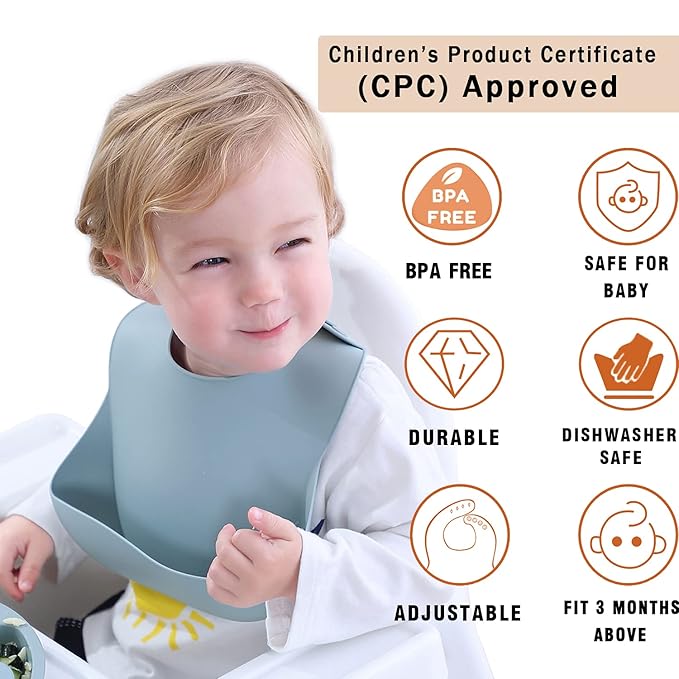 Moonkie Silicone Baby Bibs Set Of 2, BPA Free Soft Adjustable Fit Waterproof Feeding Bibs for Babies and Toddlers(Dark Grey/Warm Taupe)