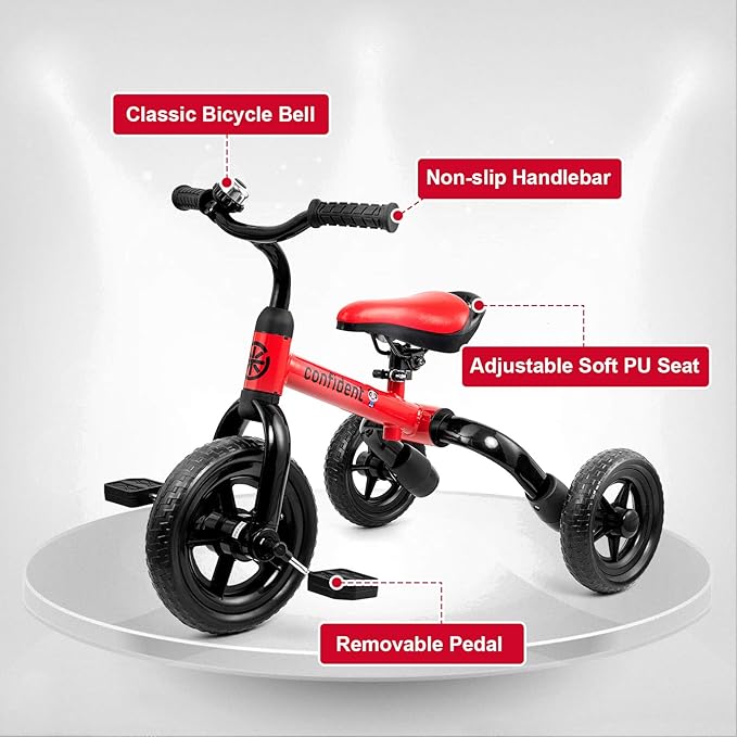 Ancaixin 3 in 1 Toddler Tricycles for 2-5 Years Old Boys and Girls with Detachable Pedal and Bell | Foldable Baby Balance Bike Riding Toys for Kids | Infant Birthday New Year Red