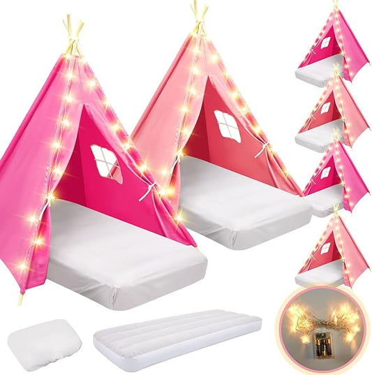 6 Pack Sleepovers Teepee Tent for Kids Bulk with Mattress Sheet Light,Natural Cotton Washable Indoor Play Tent for Birthday Slumber Party Girls Boys Pajama Movie Night Supplies(Pink, Rose Red)