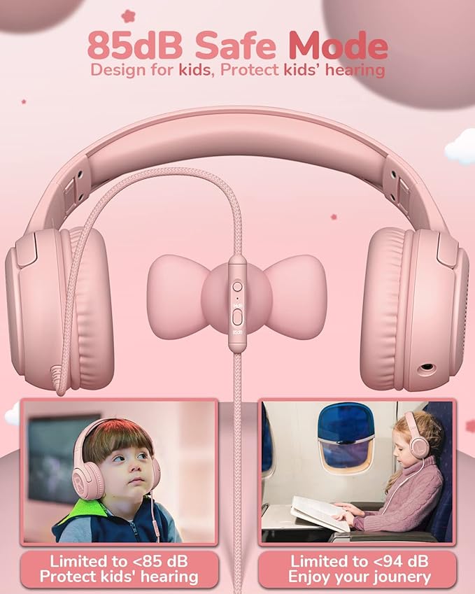 Kids Headphones with Microphone Foldable Stereo Tangle-Free 3.5mm Jack Wired Cord On-Ear Headset for Children/Teens/Boys/Girls/Smartphones/School/Kindle/Airplane Travel/Plane/Tablet (Pink)