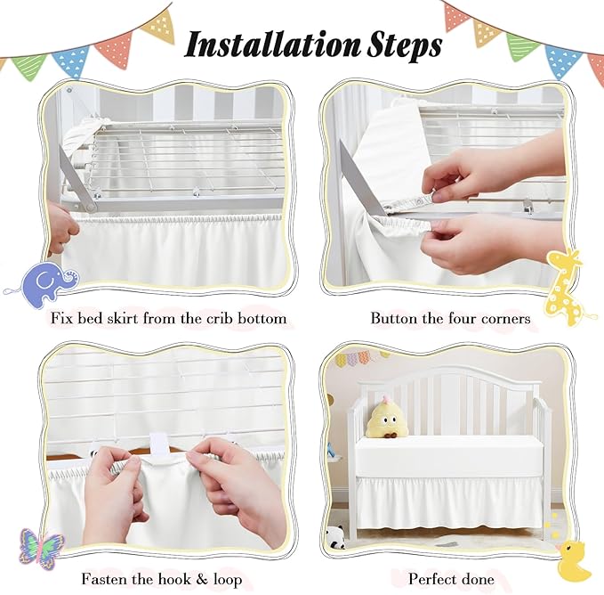 Horbaunal 2 Pack Crib Skirt & Crib Bed Sheet Set, White Crib Bed Skirt 28" x 52" with 14" Drop Dust Ruffle, Soft Microfiber Toddler Bedskirt Nursery Bedding Skirt for Baby Girls and Boys