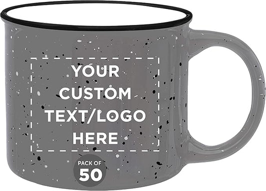 DISCOUNT PROMOS Custom Ceramic Campfire Coffee Mugs 13 oz. Set of 50, Personalized Bulk Pack - Perfect for Tea, Espresso, Cappuccino, Hot Cocoa - Grey