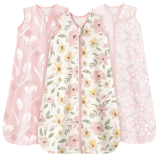 Baby Sleep Sack 18-24 Months 3 Pack 100% Cotton Lightweight 0.5 TOG Wearable Blanket Baby Sleep Bag with 2-Way Zipper for Newborn Infant Pink Flowers & Leaf