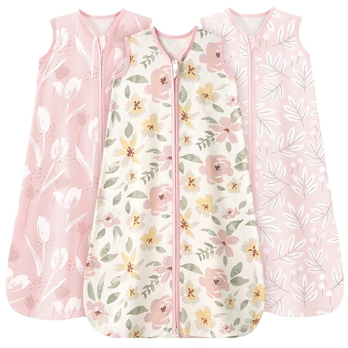 Baby Sleep Sack 0-6 Months 3 Pack 100% Cotton Lightweight 0.5 TOG Wearable Blanket Baby Sleep Bag with 2-Way Zipper for Newborn Infant Pink Flowers & Leaf
