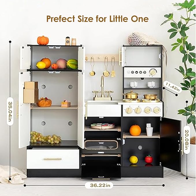 Interactive Wooden Play Kitchen for Kids 3+ Realistic Stove Sounds & Ice Maker Pretend Playset with 12 Kitchen Accessories Montessori Toy