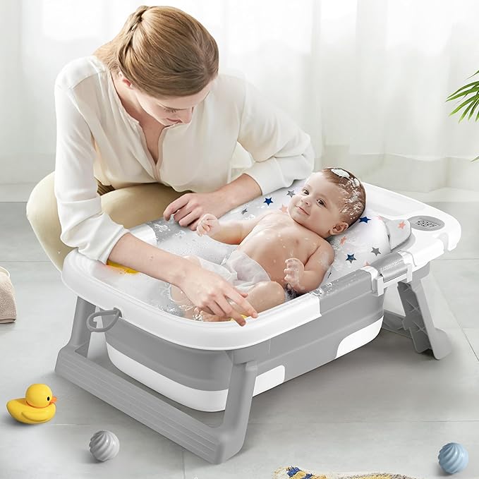 Collapsible Baby Bathtub,Baby Bath Tub with Thermometer & Soft Cushion,Baby Bathtub for Newborn to Toddler 0-36 Months,Portable Travel Baby Tub with No-Slip Feet,Baby Shower Gifts,Grey