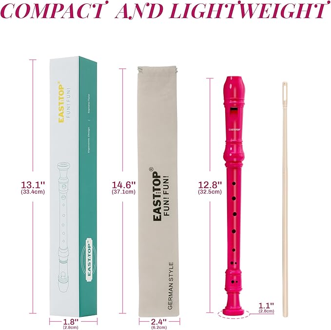 EAST TOP Soprano Recorder for Kids Beginners, 8 Hole Plastic German Fingering Flute Recorder 3 Piece with Cleaning stick, Cotton pouch, Fingering Chart, Colorful box (Hot Pink)