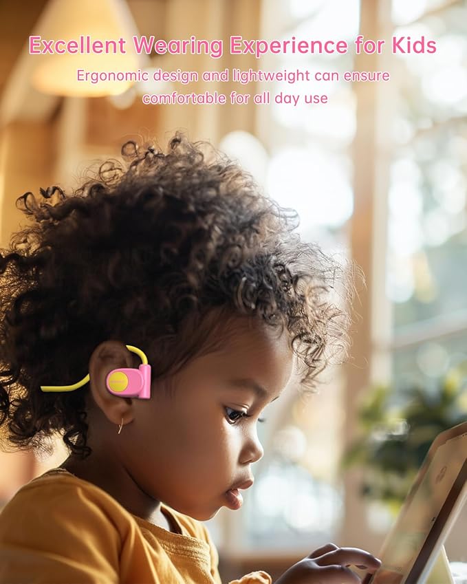 Kid Headphones for School, Air Conduction Open Ear Headphones, 3.5mm Jack Wired Cord, Ultra-Comfort, Ergonomic and Lightweight Design Perfect for School and Outdoor Activities-Yellow Pink