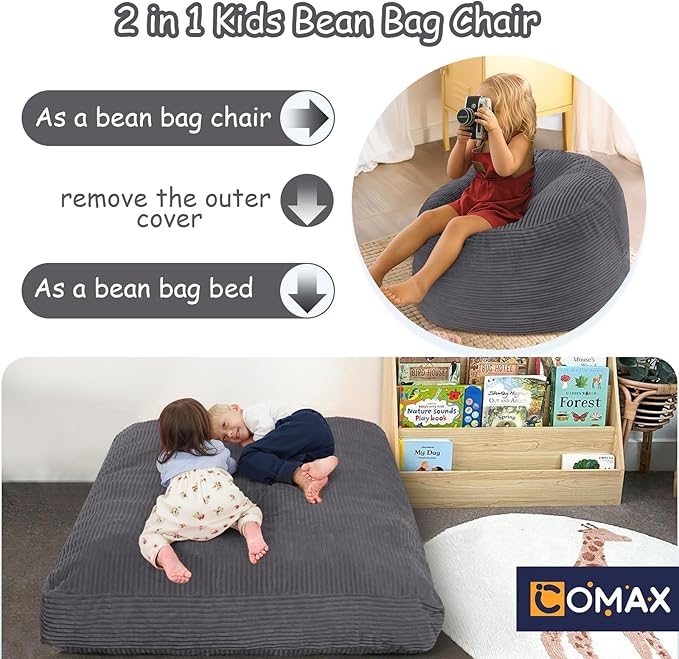 COMAX Kids Bean Bag Chair Turn into Beanbag Bed, Toddler Bean Chair Corduroy for Girl Boy Sleeping, Lazy Children Bean Bags with Filler, Convertible Child Floor Mattress, Charcoal