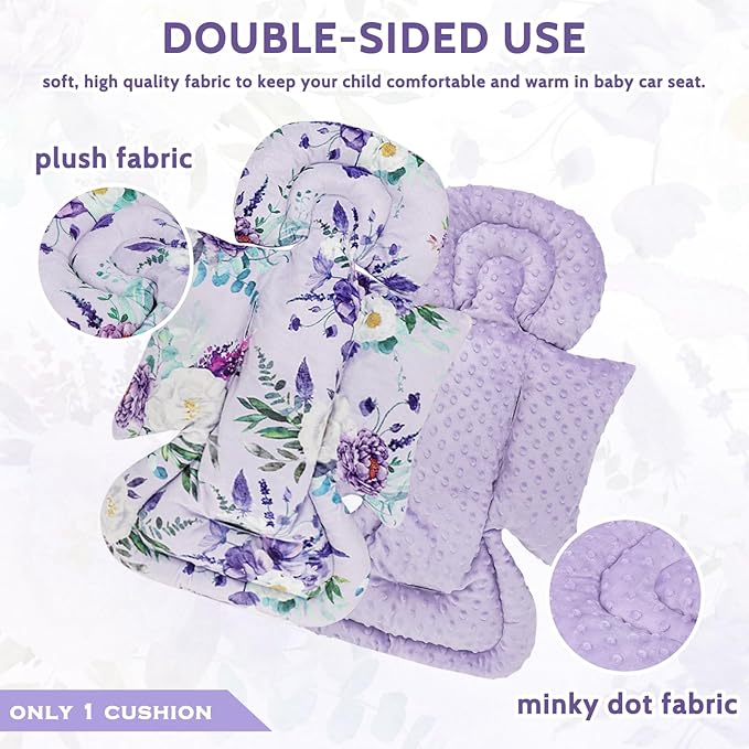 Infant Car Seat Insert and Strap Covers, Very Soft Car Seat Head Support Baby Girl Boy, Reversible Newborn Carseat Insert Cushion Fits for Stroller, Baby Swing, Bouncer (Purple Floral)