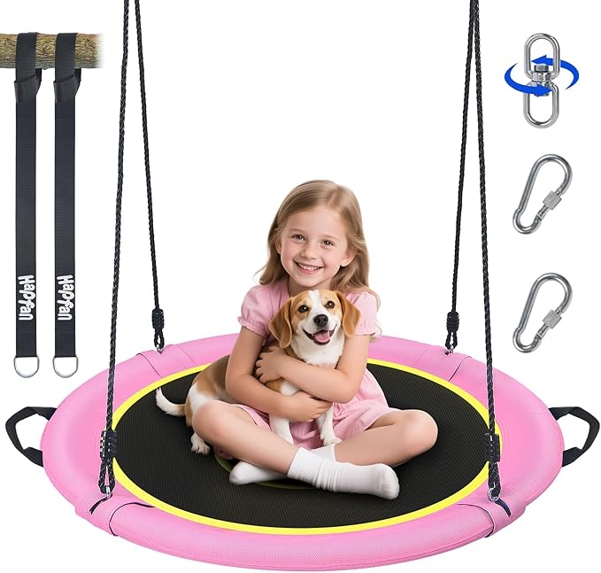 Hapfan 40" Saucer Tree Swing for Kids and Adults, Disc Round Swing for Kids Outdoor with Swivel, UV-Resistant Textilene Fabric, 700 lb Weight Capacity, 9.8 FT Hanging Straps, 2-Year Warranty(Pink)