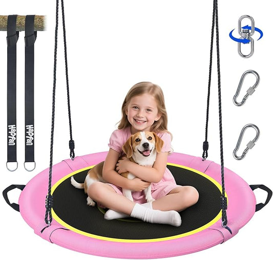 Hapfan 40" Saucer Tree Swing for Kids and Adults, Disc Round Swing for Kids Outdoor with Swivel, UV-Resistant Textilene Fabric, 700 lb Weight Capacity, 9.8 FT Hanging Straps, 2-Year Warranty(Pink)