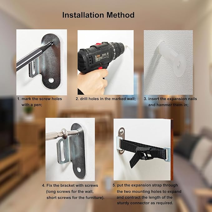 Furniture Anchors for Baby Proofing(2 Sets),Anti Tip Furniture Anchors,Furniture Wall Anchor,Adjustable Furniture Straps,Wall Anchors for Furniture Securing for Baby&Pet Safety