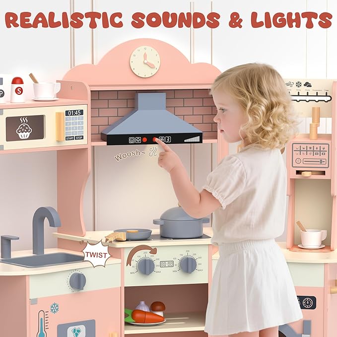ANPABO Play Kitchen for Kids, Wooden Kitchen Playset w/Real Lights & Sounds, Coffee & Ice Maker, Microwave, Stove, 30Pcs Accessories Include Play Food, Pretend Play Set for Boys & Girls, Pink