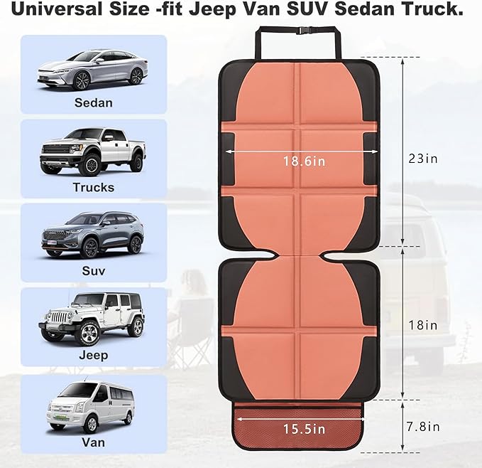 Car Seat Protector for Child, 2 Pack Covers with Mesh Pockets & Non-Slip Backing, 600D Durable Under Seat for Back (Orange, Large)