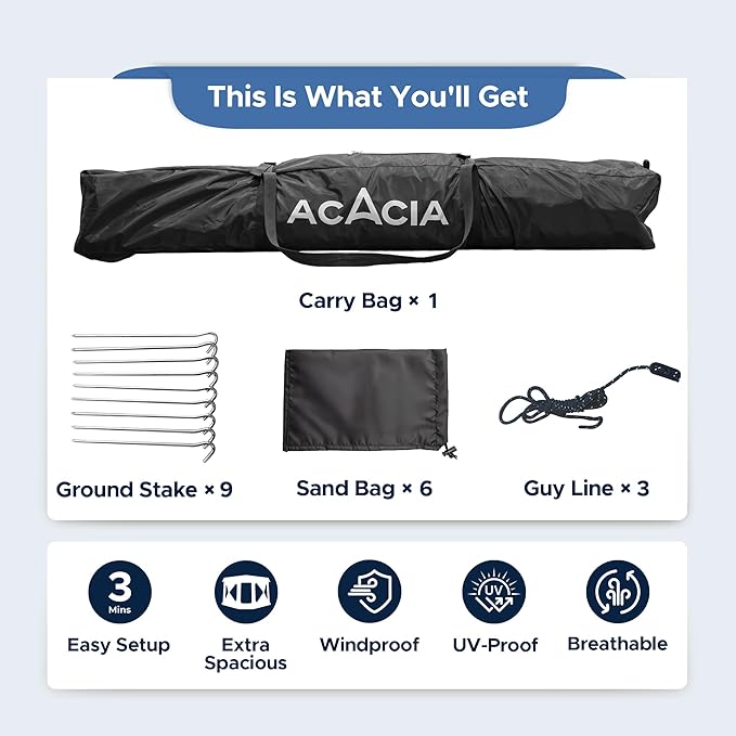 ACACIA Beach Tent Sun Shelter | 4-Person Portable Camping Tent with UPF 50+ Protection | Easy Setup Pop up Sun Shade | 10×10ft Privacy Sunshade for Camping & Backyard