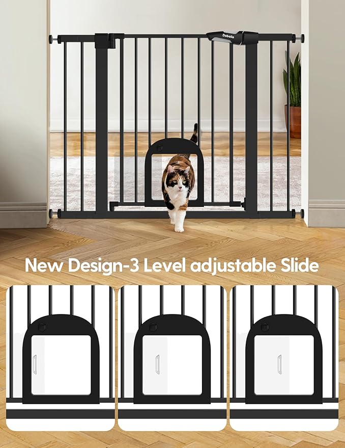 Babelio Upgraded Baby Gate with Cat Door, 29-43" Auto Close Durable Dog Gate for Stairs, Doorways and House, Easy Walk Thru Safety Gate with Pet Door Includes 4 Wall Cups, Black