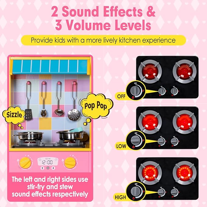 Kids Kitchen Playset, Wooden Pretend Play Kitchen for Kids w/Faucet, Sink, Stove, Oven, Curtains, Cookware, Storage Cabinets, Toddler Role Play Toy Kitchen Set Gift for Girls Boys Ages 3+