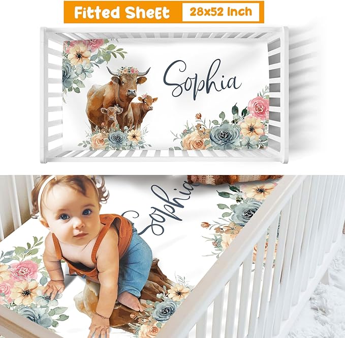 Custom Crib Bedding Set - Highland Cow Design Personalized Name Baby Nursery Bed 3 Pcs Set - Chic Soft Blanket with Dotted Backing, Sheet, Pillowcase for Newborn Girls Boys Gifts Color03