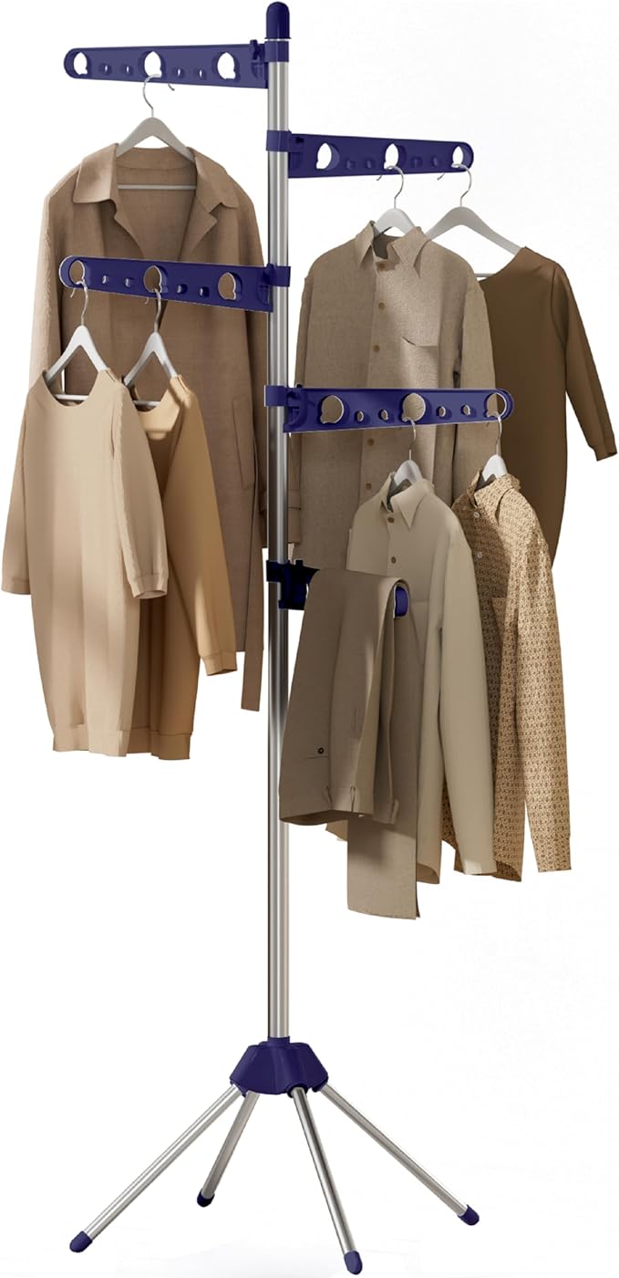 Clothes Drying Rack Foldable, 70.9 inch Tripod Drying Rack for 35 Pieces of Clothes, with Height-Adjustable Rotatable Clothes Rails, Space Saving, Stainless Steel, Blue and Silver CDR005Q01