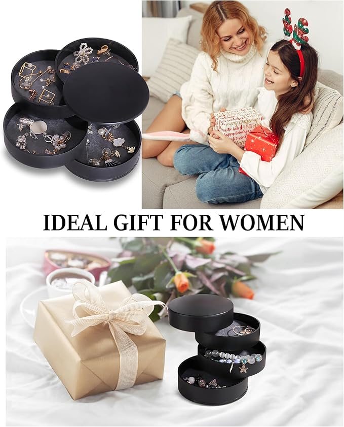 CONBOLA Jewelry Organizer, Small Jewelry Storage Box Earring Holder for Women, 5-Layer Rotating Travel Jewelry Tray Case with Lid for Bracelets Rings Bracelets(Black)