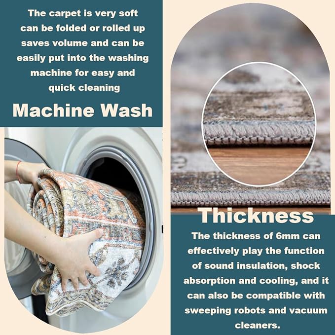 Area Rug 6'x9' Washable Floral Green Vintage Traditional Floor Cover Thin Retro Kitchen Indoor Distressed Non Slip Carpet for Living Room Bedroom Dining Room