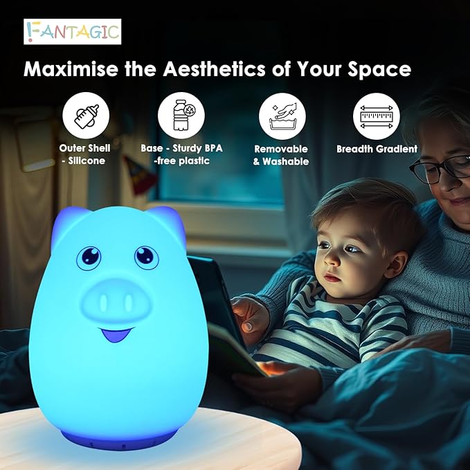 Combined Bluetooth Speaker & Nightlight With 9 Color Emissions, Child Friendly Silicone & BPA Free, USB Recharging, Receives Audio From Computer, Phone Or Tablet, and includes Remote Control (Pig)