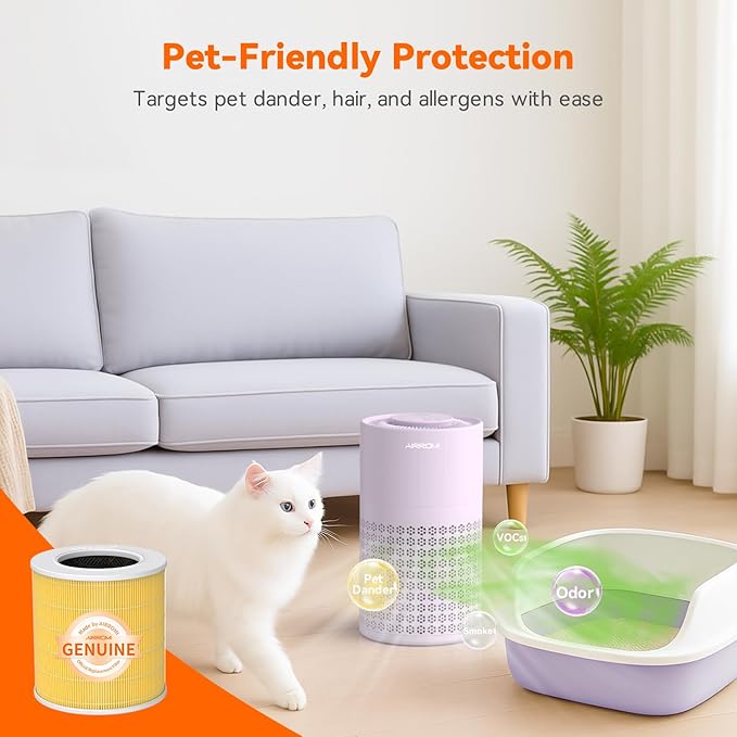 AIRROMI Air Purifier for Bedroom with HEPA 3-in-1 Filter, Pet Air Purifier for Home Cat Pee Smell, Covers Upto 990 Ft², Quiet 360°intake Air Cleaner for Pet Hair,Allergies,Pollen,Smoke A2001 Purple