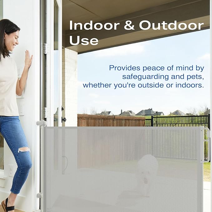 Cumbor 2-Pack Retractable Baby Gates for Stairs, 55" Wide Soft Mesh Pet Gate for Dogs with One Hand Opening, 34" Tall Toddler Gate with Top Lock for Bedroom, Doorways, Indoor/Outdoor, Gray