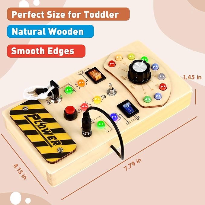 Joyreal Toddler Busy Board, Wooden Montessori Busy Board Sensory Board with LED Light Switch, Sensory Toys Baby Fidget Board Travel Toys for Toddler