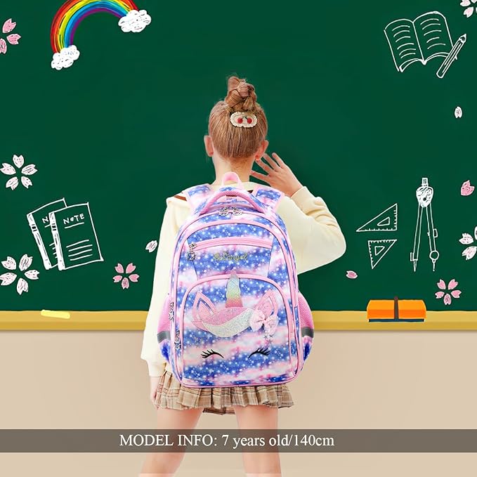 Cusangel Girls Backpack with Lunch Box Pencil Case,Cute Multi Compartment Preschool Elementary Primary Backpack for Girls Sky Unicorn 3pcs Backpack for Girls