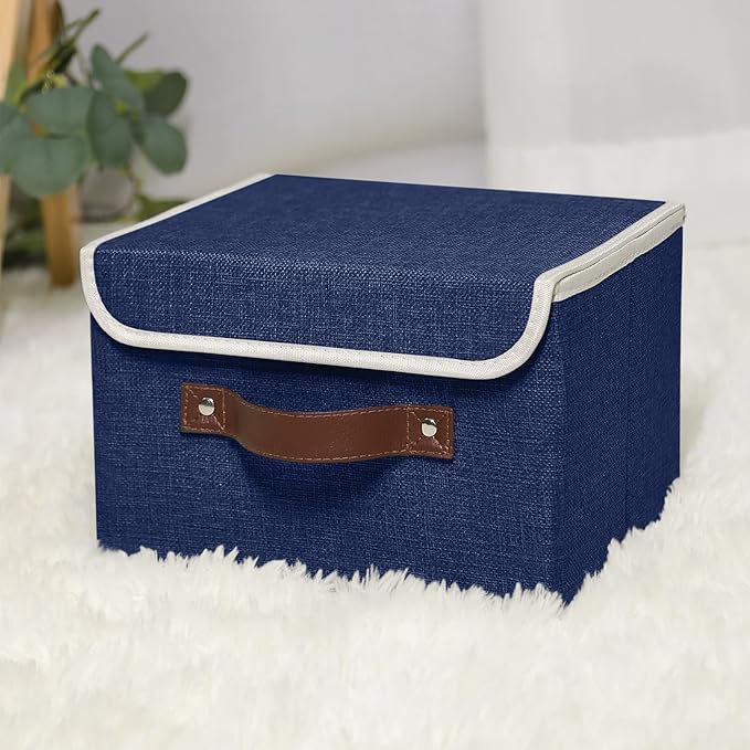 ANMINY 4PCS Storage Bins with Lid PU Leather Handles Storage Boxes PP Plastic Board Decorative Foldable Lidded Cotton Linen Fabric Home Cubes Baskets Closet Organizer Containers - Blue, Small Size