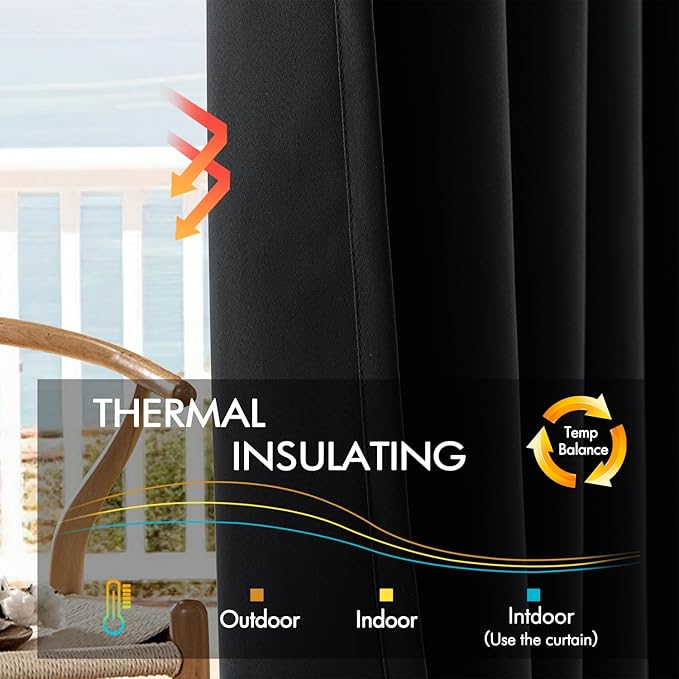 ANRODUO Back Tab Blackout Curtains for Bedroom Living Room, Rod Pocket Pinch Pleated Thermal Insulated Room Darkening Curtains 63 Inches Long 2 Panels, Black, 42 x 63 Inch