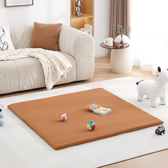Baby Play Mat 48"x48" – Thick, Non-Slip Foam Mat for Babies and Toddlers. Foldable, Scrubbable, Odorless, and Soft, Ideal for Playpens, Crawling, and Indoor Playtime-Brown