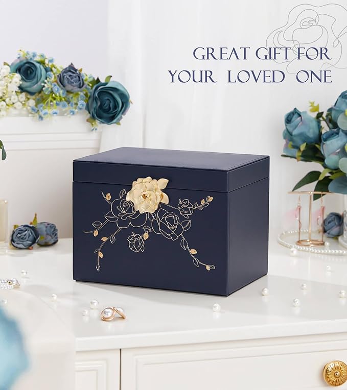 Jewelry Box with Lock for Girls: Jewelry Organizer for Dresser - 3-Drawer Earrings Storage Girls Women Gift (Dark Blue