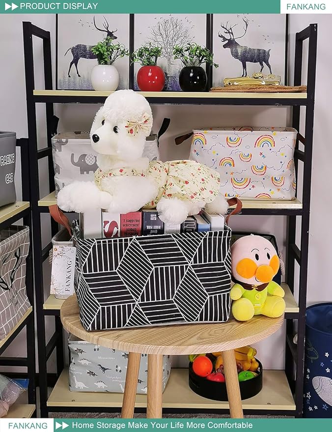 FANKANG Storage Basket,Nursery Hamper Canvas Laundry Basket Foldable with Waterproof PE Coating Storage, Office, Bedroom, Clothes,Toys (Rec-Black Cube)