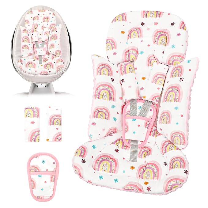Infant Car Seat Insert with 3 Strap Covers, 3 in 1 Reversible Rainbow Baby Car Seat Head Support for Newborn, Baby Girl Newborn Essentials for Preemie to Infant, Stroller, Swing, Bouncer (Pink)
