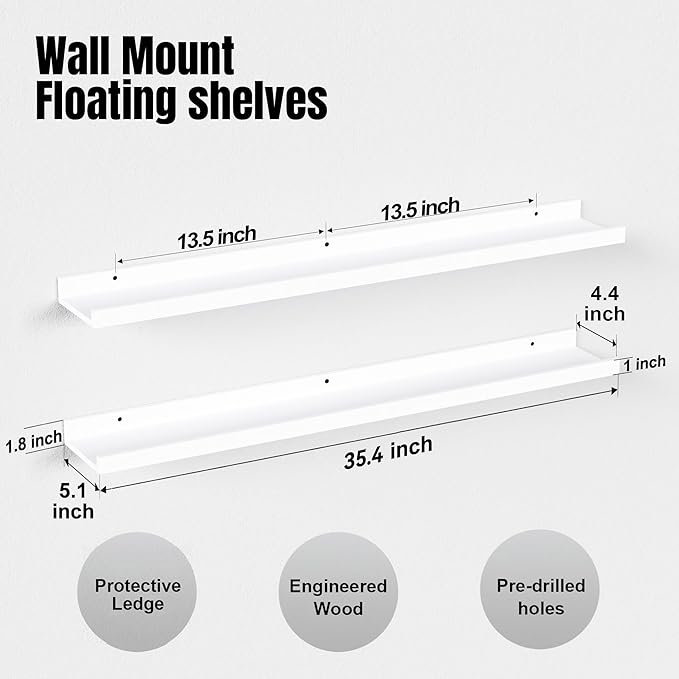 36 Inches Long Floating Shelves Wall Mounted, 2 Set Modern White Wall Shelf for Bedroom, Nursery Book Shelf with Lip, Picture Ledge Shelf for Wall Decor Living Room Bathroom Kitchen - White