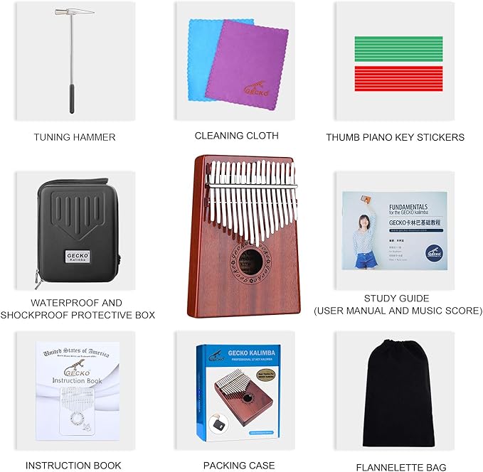 GECKO Kalimba 17 Keys Thumb Piano with Waterproof Protective Box, Tune Hammer and Study Instruction, Portable Mbira Sanza Finger Piano, Meditation Sound, Gift for Beginners and Professional