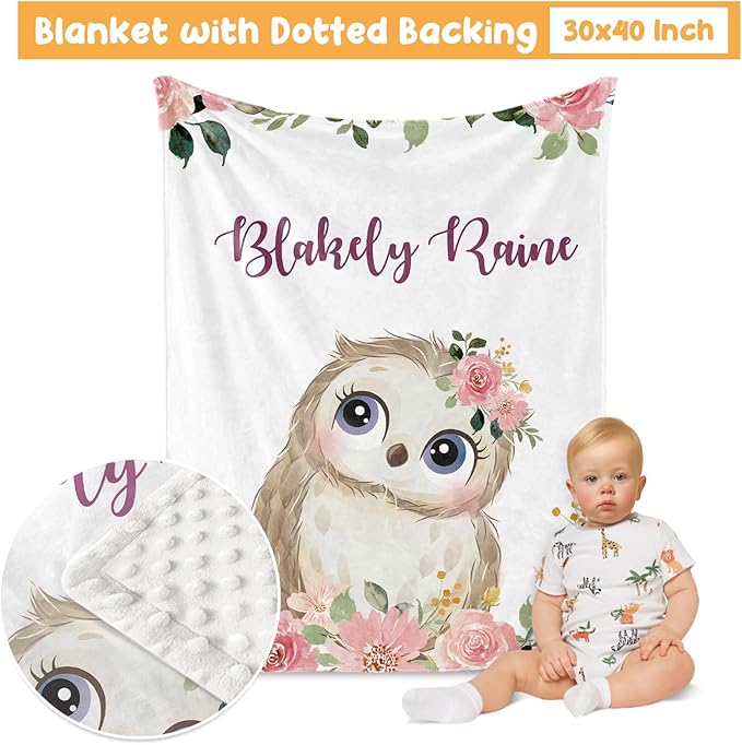 Custom Crib Bedding Set - Owl Design Personalized Name Baby Nursery Bed 3 Pcs Set - Chic Soft Blanket with Dotted Backing, Sheet, Pillowcase for Newborn Girls Boys Gifts Color21