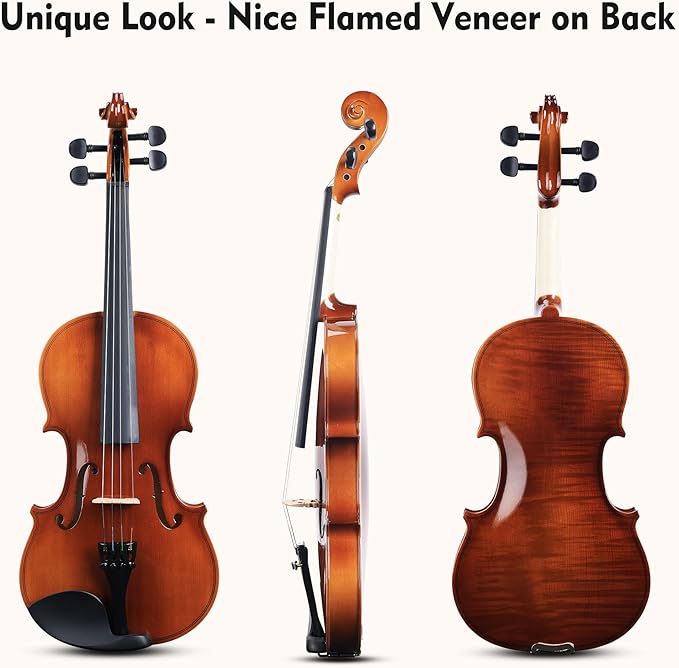 ADM 4/4 Full Size Wood Violin Set for Kids Teens Students Adults Beginner Acoustic Violin Glossy Fiddle Starter Kit with Hard Case, Rosin, Shoulder Rest, Bow, Clip-on Tuner and Fingerboard Sticker