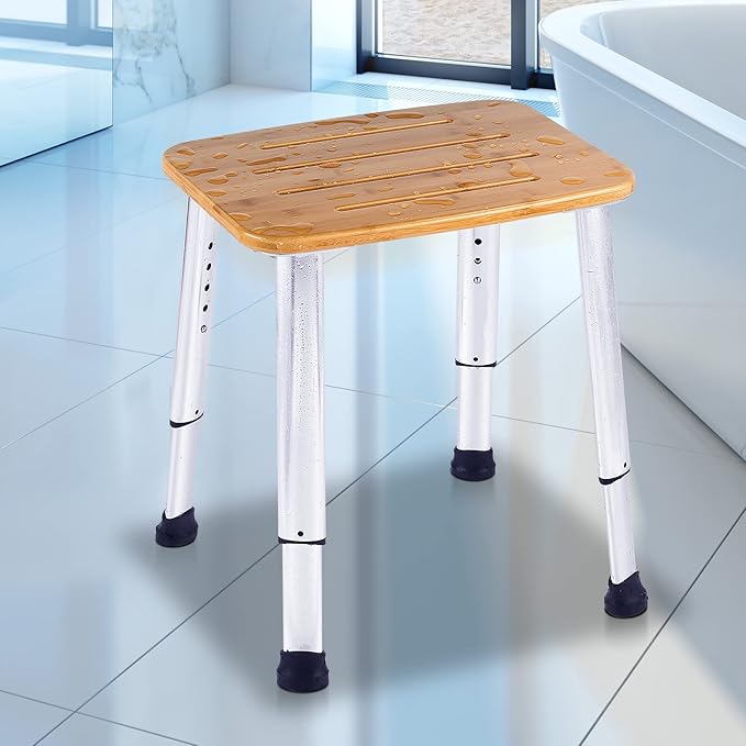 Bathroom Shower Bench Bath Stool Bathtub Seat Spa Chair Foot Rest Step, Height Adjustable Lightweight Waterproof and Rustproof, Bamboo