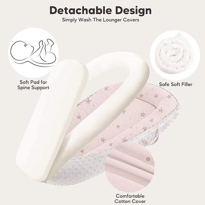 Baby Lounger - Infant Lounger Pillow for Newborn 0-24 Months, Soft, Breathable & Portable Baby Lounger Pillow for Boys & Girls, Cozy Baby Floor Seat for Home & Travel (Pink Star)